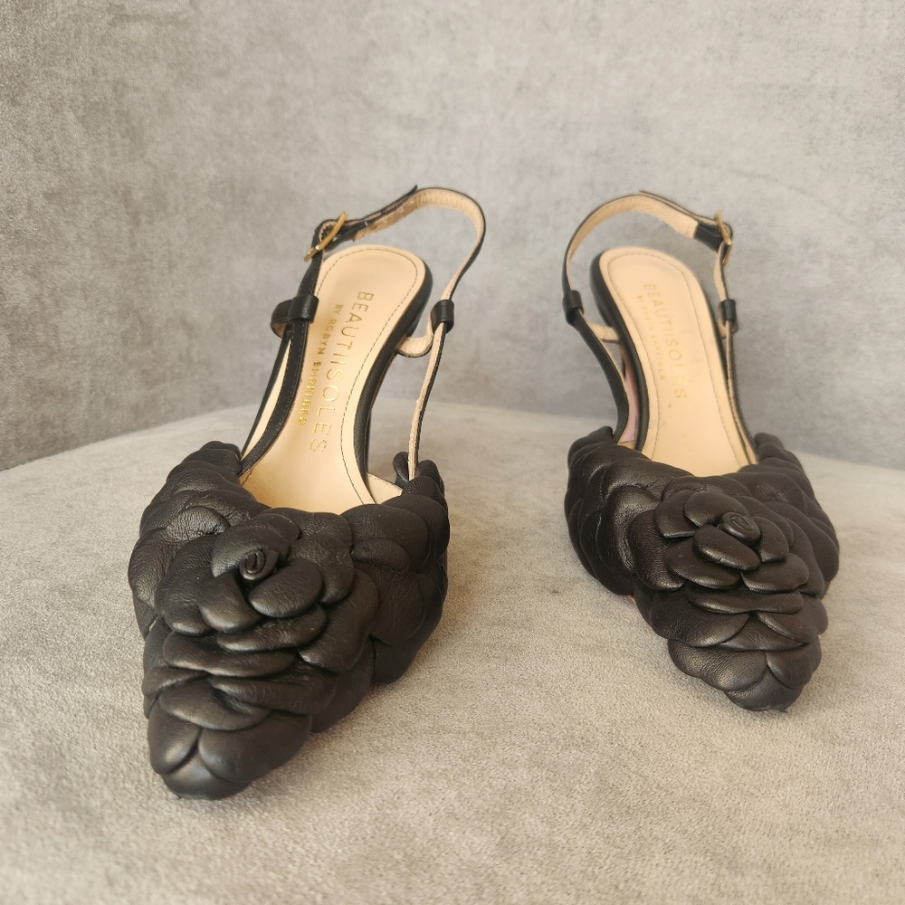 Beautiisoles Slingback Pumps 6.5 Black Leather Petals Flower Pointy Made Italy - Picture 11 of 17